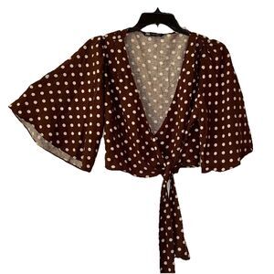 Zara Brown Polka Dot Wrap Crop Top Flutter Kimono Sleeves Oversized Fit Large
